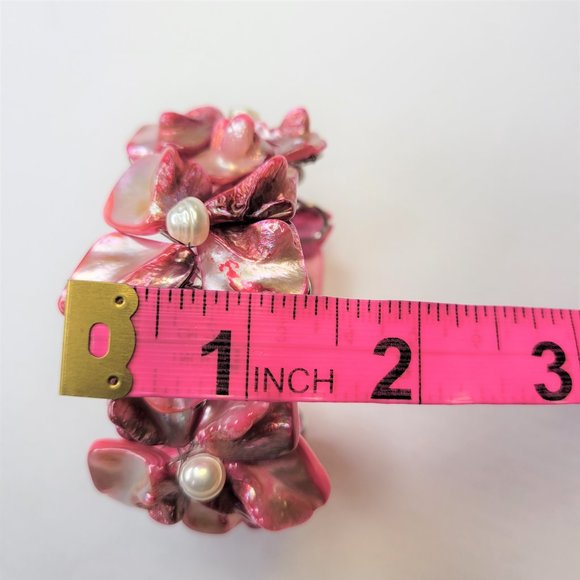 Pink Cuff Bangle with Shell and Pearls Adjustable Bracelet - NEW - Picture 10 of 11